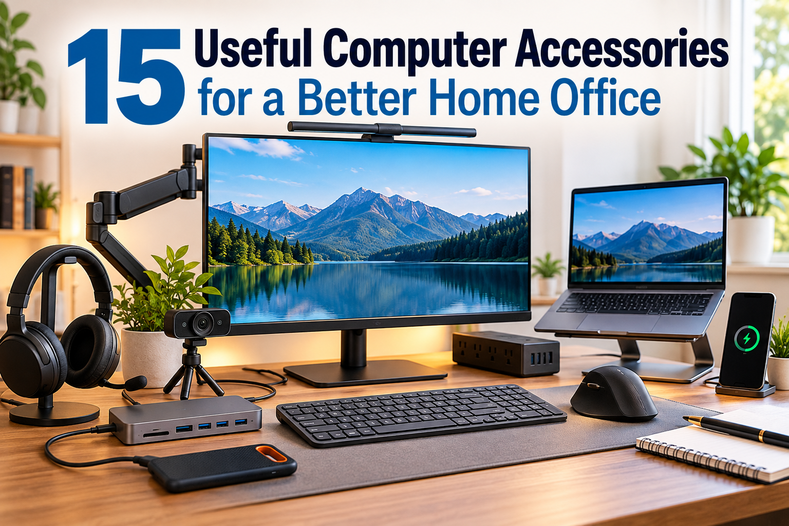Modern home office desk with monitor, laptop, keyboard, mouse, headset, webcam, docking station, external SSD, and charging accessories