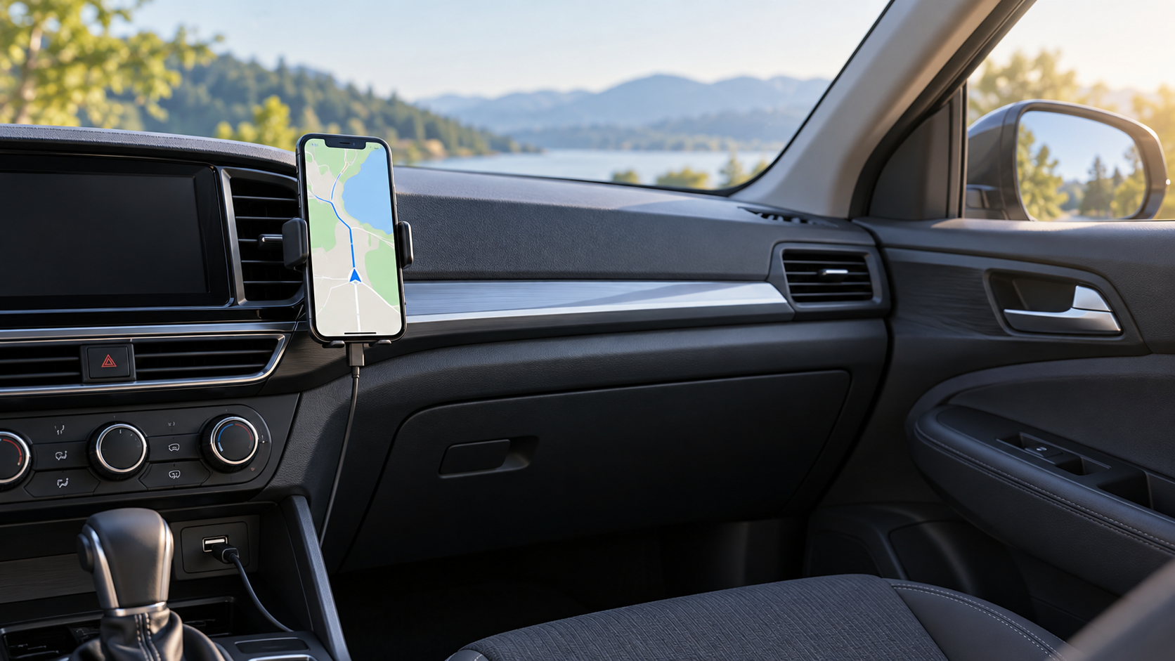 Phone displaying a navigation map in a car dashboard mount