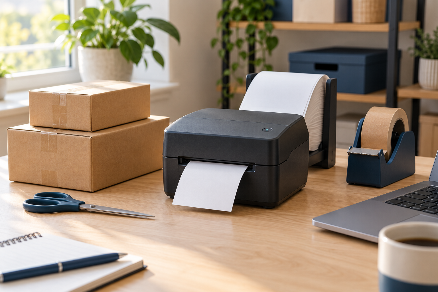 Compact thermal label printer with blank labels, cardboard parcels, and packing supplies on a wooden desk.