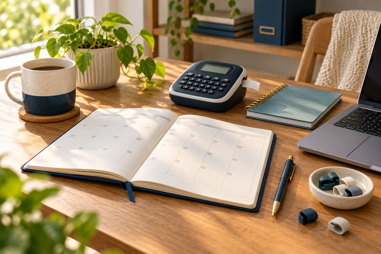Planner, notebook, label maker, and cable clips arranged on a sunlit home-office desk.